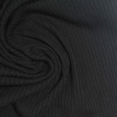 Polyester Viscose Stretch Rib Knit Fabric, 230 gsm — Black