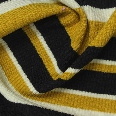 Black Horizontal-Stripe Rib Knit, Poly-Viscose, 280 gsm, 125 cm