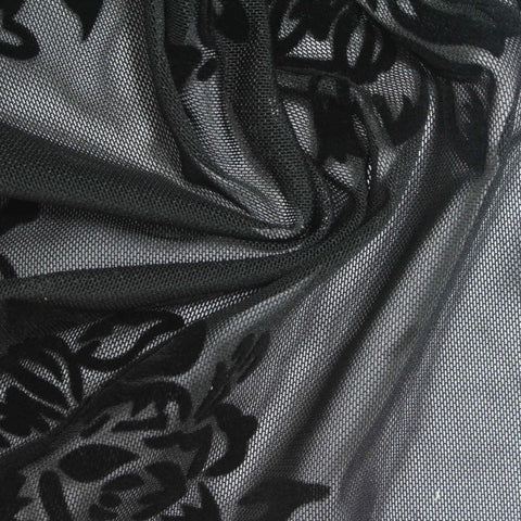 Bold Floral Flocked Polyester Stretch Mesh Fabric, 118 gsm, 160 cm — Black