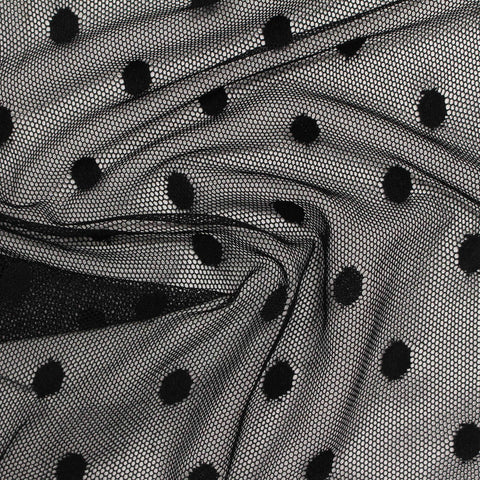 Dotted Nylon Stretch Lace Fabric, 55 gsm, 155 cm — Black