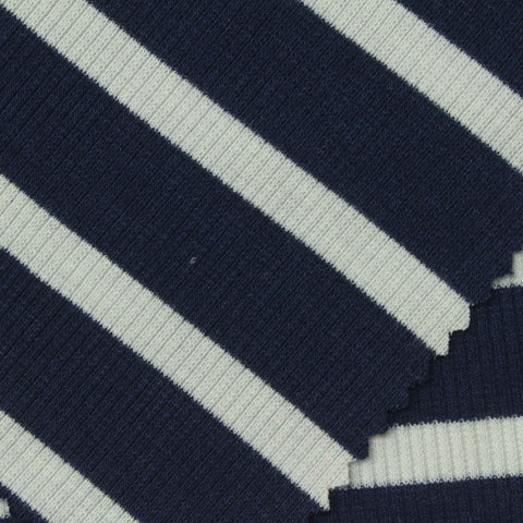 Navy Horizontal-Stripe Rib Knit, Poly-Viscose, 230 gsm
