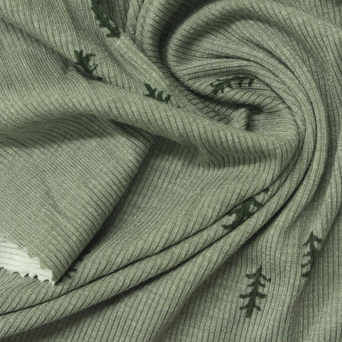 Floral Viscose Stretch Rib Knit Fabric, 262 gsm, 130 cm — Green