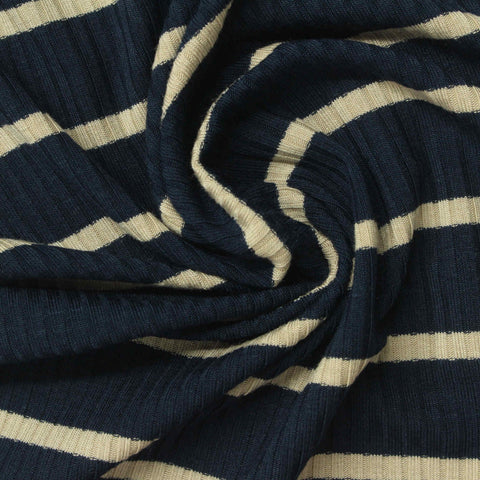 Navy Horizontal-Stripe Rib Knit, Viscose, 250 gsm, 150 cm