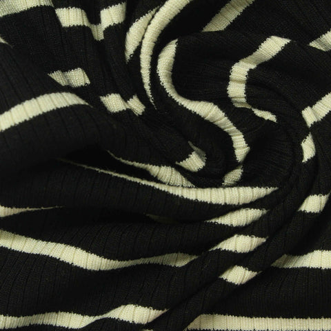 Cream Horizontal-Stripe Rib Knit, Viscose, 260 gsm