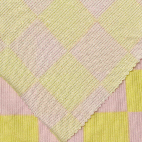 Bold Plaid Viscose Stretch Rib Knit Fabric, 210 gsm, 175 cm — Pink