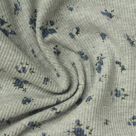 Blue Floral Rib Knit, Cotton-Poly