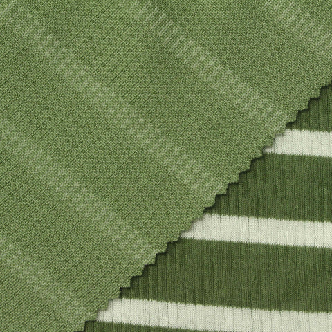Green Horizontal-Stripe Rib Knit, Poly-Viscose, 220 gsm, 145 cm