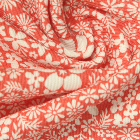 Cream Floral Rib Knit, Cotton-Poly