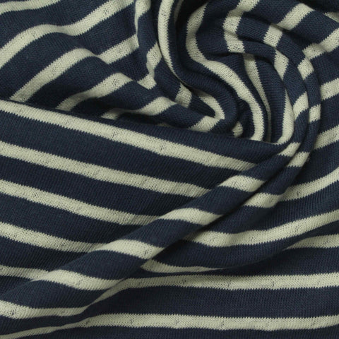 Navy Horizontal-Stripe Interlock Knit, Cotton, 210 gsm