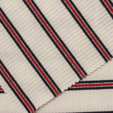 Cream Horizontal-Stripe Rib Knit, Viscose, 220 gsm