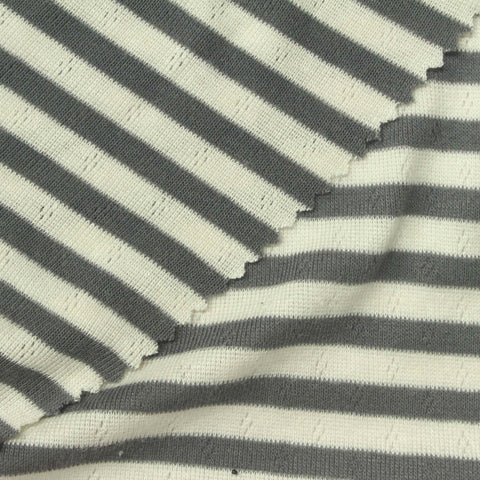 Grey Horizontal-Stripe Pointelle Knit, Viscose-Poly