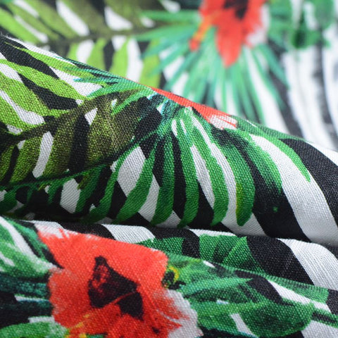 Red Tropical-Leaf Woven, Linen-Cotton