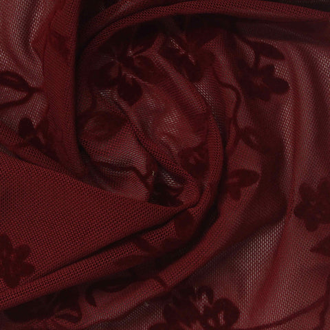 Floral Flocked 100% Polyester Knit Fabric, 112 gsm, 160 cm — Red