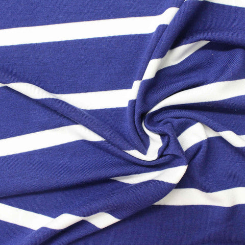 Blue Horizontal-Stripe Jersey Knit, Viscose-Poly