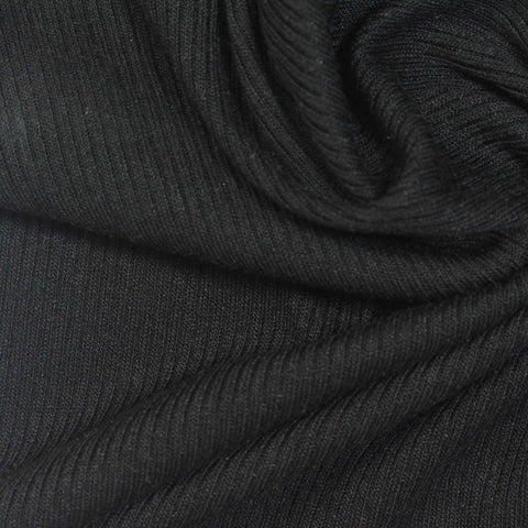 Polyester Viscose Stretch Rib Knit Fabric, 210 gsm, 140 cm — Black