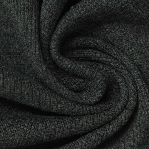 Dark Grey Heathered-Marl Rib Knit, Cotton-Poly, 310 gsm