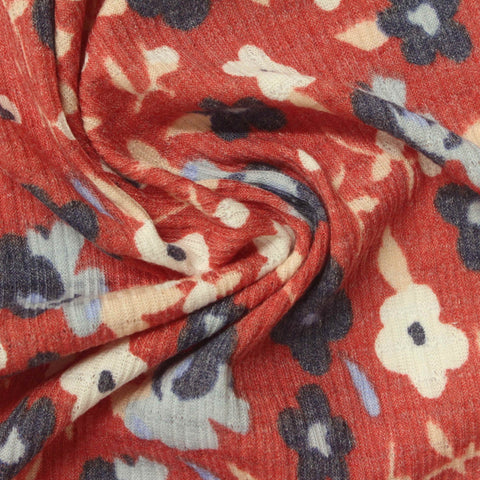 Cream Floral Rib Knit, Poly-Viscose