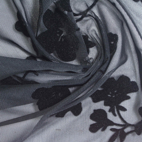 Bold Floral Flocked Polyester Stretch Mesh Fabric, 120 gsm, 150 cm — Grey