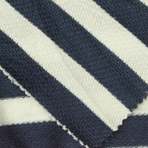 Navy Horizontal-Stripe French Terry, Poly-Cotton, 210 gsm