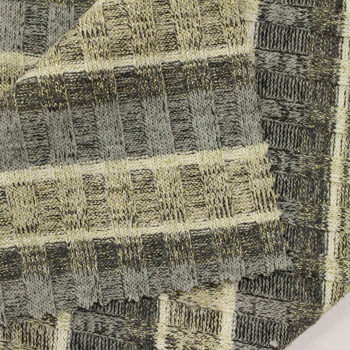 Grey Plaid Rib Knit, Poly-Viscose