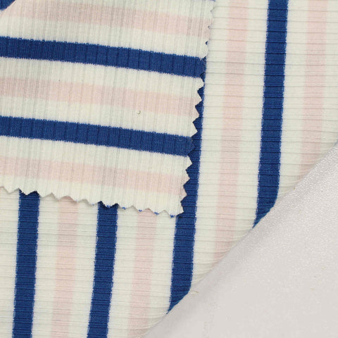 Blue Horizontal-Stripe Rib Knit, Polyester, 268 gsm