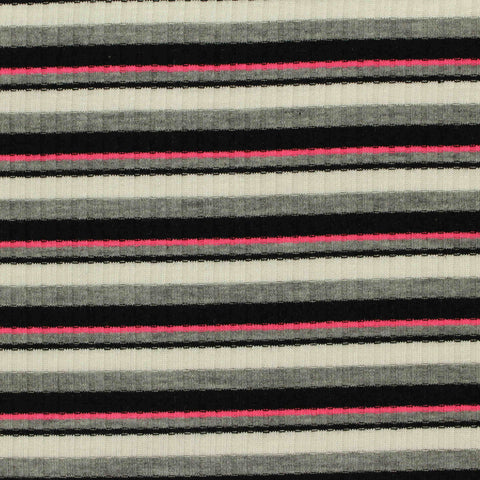 Black Horizontal-Stripe Rib Knit, Poly-Viscose, 210 gsm, 145 cm