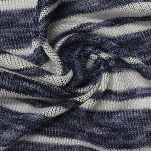 Marled Blue-Grey Horizontal-Stripe Rib Knit, Viscose-Poly