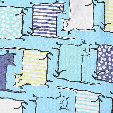 Blue Cartoon-Cat Jersey Knit, Cotton-Viscose
