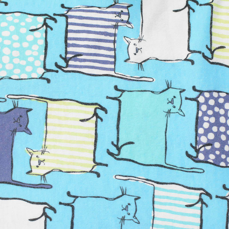 Blue Cartoon-Cat Jersey Knit, Cotton-Viscose