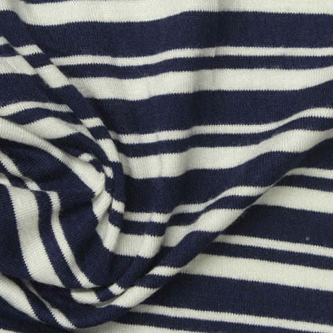 Navy Horizontal-Stripe Jersey Knit, Viscose, 180 gsm, 157 cm