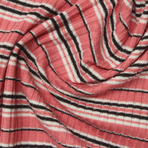 Pink Horizontal-Stripe Rib Knit, Viscose-Poly, 210 gsm