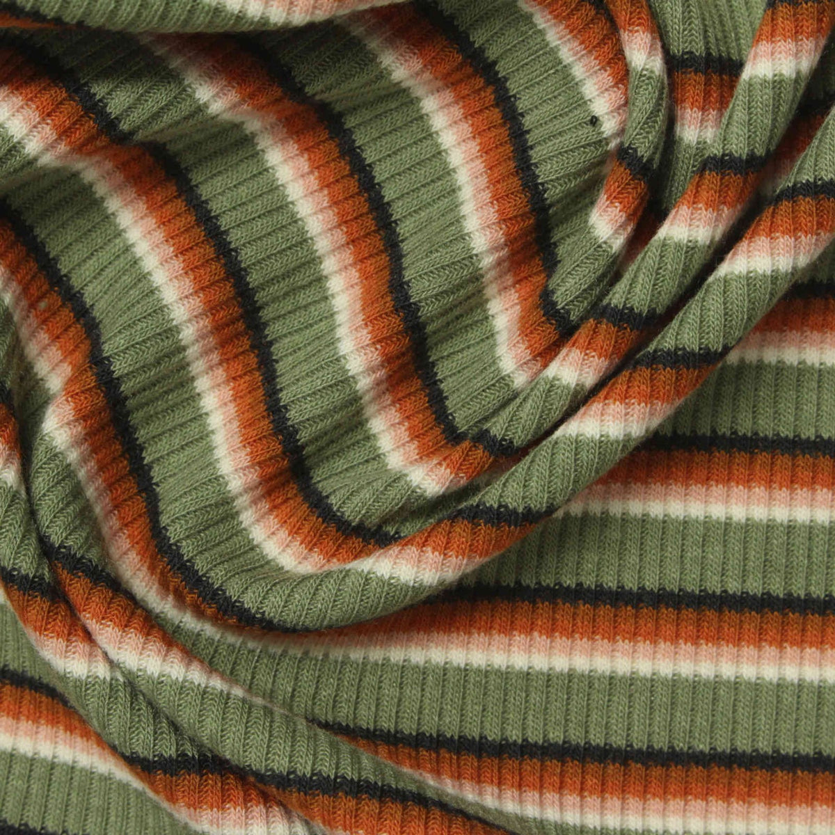 Green Horizontal-Stripe Rib Knit, Polyester, 240 gsm
