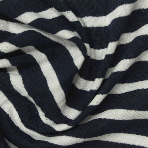 Navy Horizontal-Stripe Jersey Knit, Cotton-Poly, 138 gsm