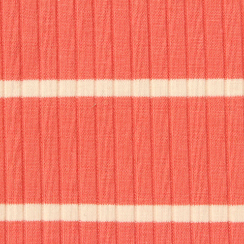 Coral Horizontal-Stripe Rib Knit, Cotton-Poly, 206 gsm
