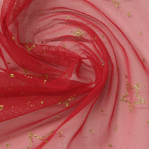 Red Glitter-Star Mesh, Polyester