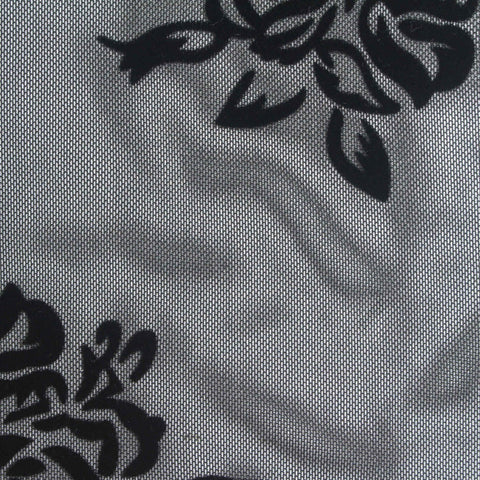 Bold Floral Flocked Polyester Stretch Mesh Fabric, 118 gsm, 160 cm — Black