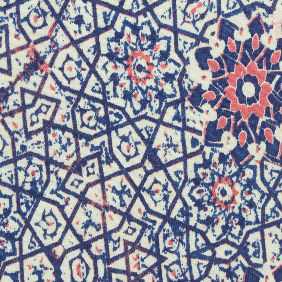 Blue Geometric-Floral Jersey Knit, Viscose