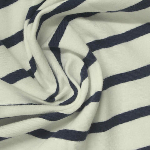Navy Horizontal-Stripe Jersey Knit, Cotton, 170 gsm