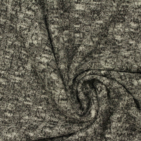 Black Heathered-Marl Rib Knit, Viscose-Poly, 185 gsm, 145 cm