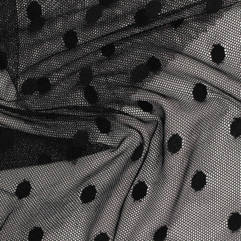 Dotted Nylon Stretch Lace Fabric, 55 gsm, 155 cm — Black