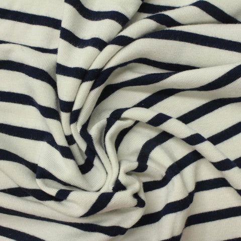 Navy Horizontal-Stripe Jersey Knit, Viscose, 160 gsm, 180 cm