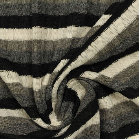 Black Vertical-Stripe Rib Knit, Poly-Viscose, 175 gsm, 150 cm