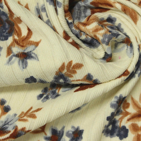 Blue Floral Rib Knit, Polyester, 150 gsm