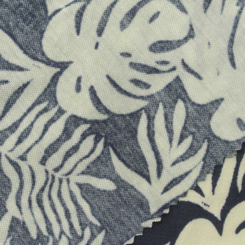 Cream Tropical-Leaf Piqué Knit, Viscose-Nylon
