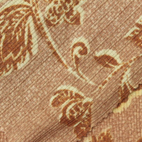 Brown Floral Rib Knit, Poly-Viscose