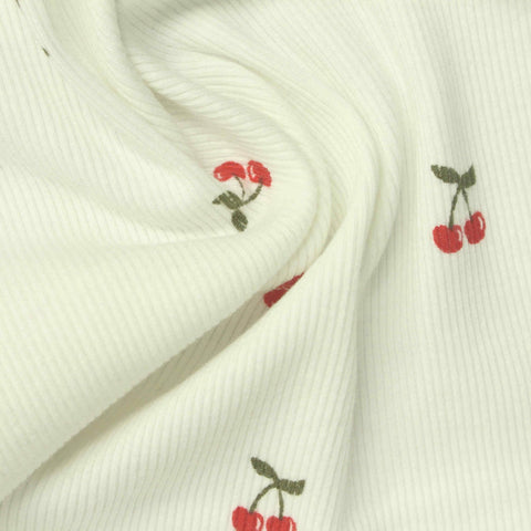 Fine Floral Cotton Stretch Rib Knit Fabric, 220 gsm, 129 cm — Beige