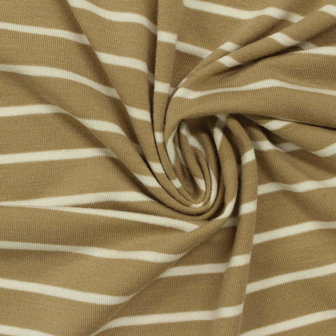 Tan Horizontal-Stripe Jersey Knit, Poly-Viscose, 185 gsm