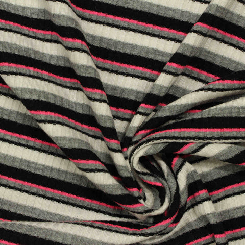 Black Horizontal-Stripe Rib Knit, Poly-Viscose, 210 gsm, 145 cm