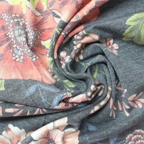 Peach Bold-Floral French Terry, Poly-Viscose