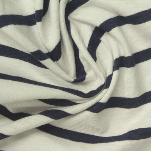 Navy Horizontal-Stripe Jersey Knit, Cotton, 139 gsm